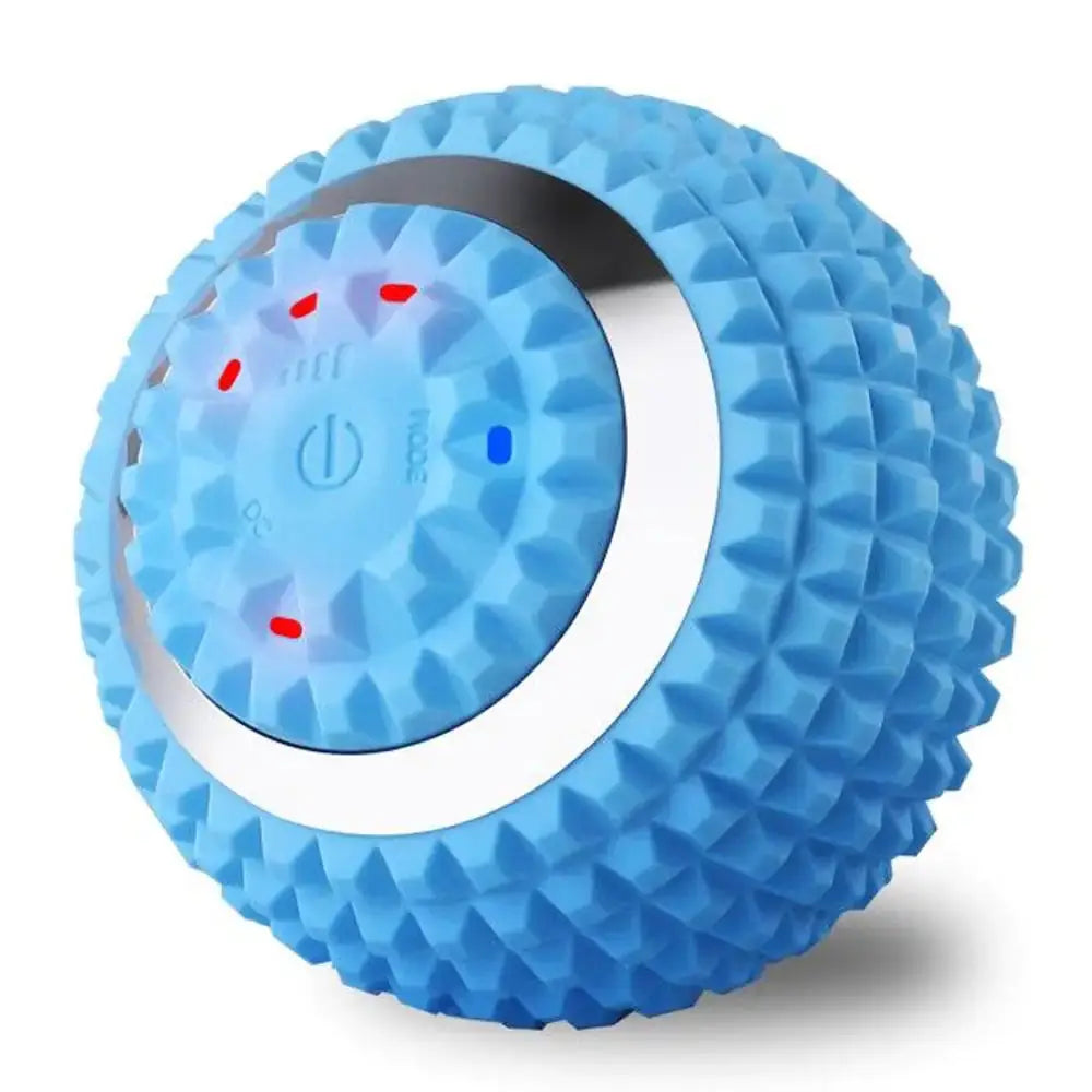 Blue textured electric massage ball with central control button and red LED intensity indicators for targeted muscle relief and stress reduction.