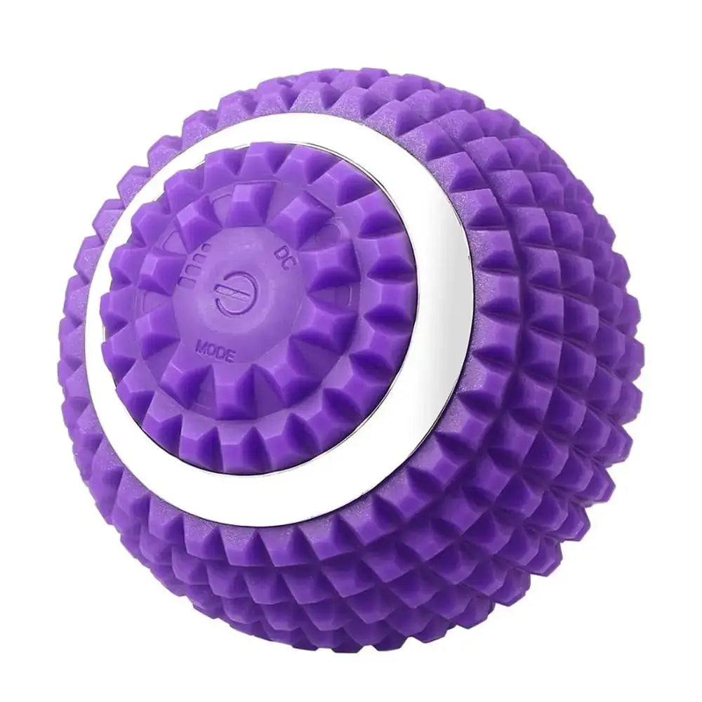 Purple textured electric massage ball with central mode control button and surrounding LED light indicators, ideal for muscle recovery and stress relief.