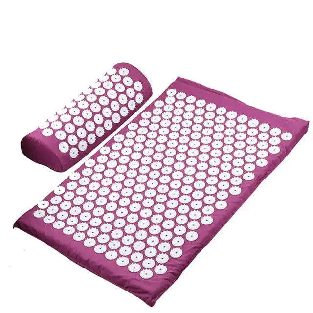 a purple mat with white circles on it