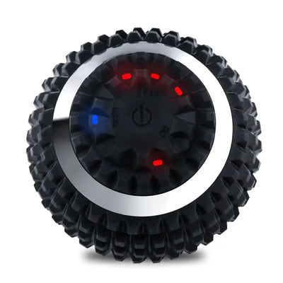 Black electric massage ball with LED indicators and mode selection button, designed for effective deep tissue massage and relaxation.