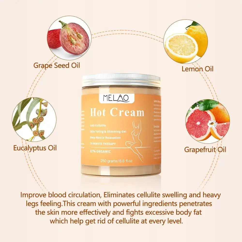 a jar of melo hot cream surrounded by various ingredients