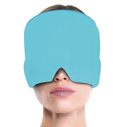 a woman with a blue blindfold covering her eyes