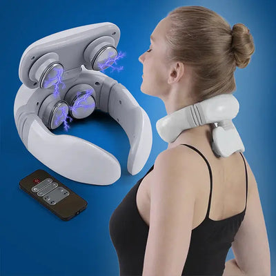 a woman with a back pain relief device