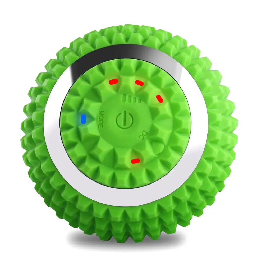 Green textured electric massage ball with control buttons and LED indicators, suitable for therapeutic muscle relaxation and recovery.