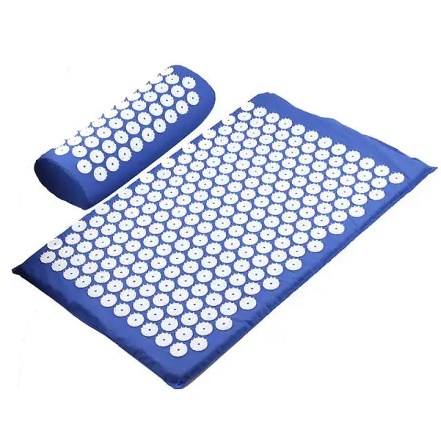 a blue mat with white dots on it