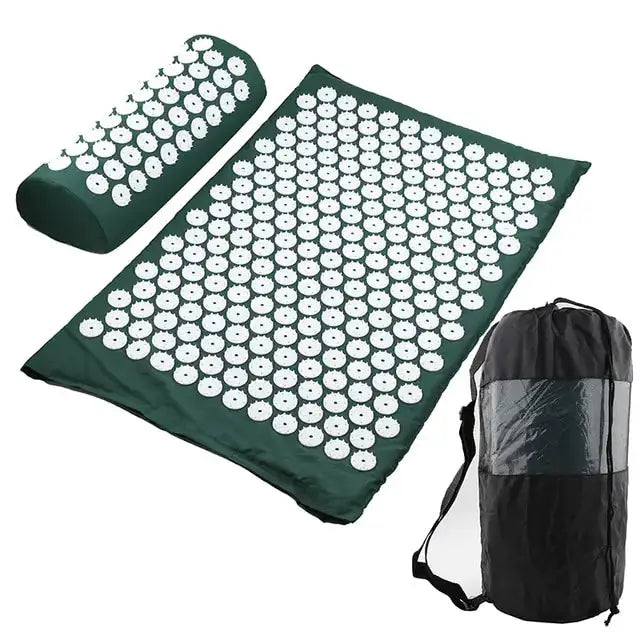 a green mat with a bag and a bag