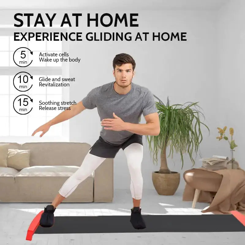 a man standing on a yoga mat in a living room