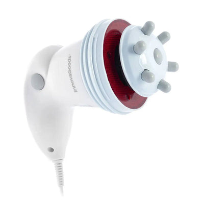 a white hair dryer with a red light on top of it