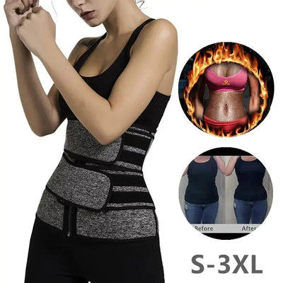 a woman wearing a black and grey waist trainer with flames around her waist