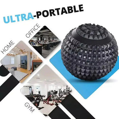 Ultra-portable black textured electric massage ball showcased in various settings including home, office, and gym for versatile use in any environment.
