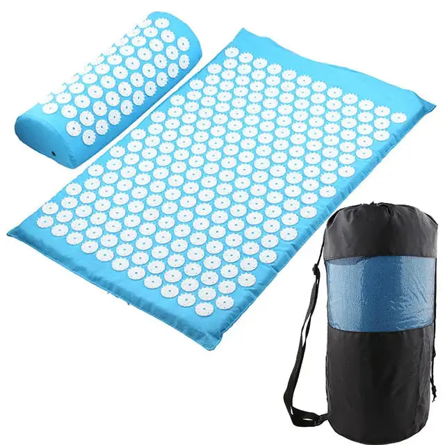 a blue mat and a black bag on a white background
