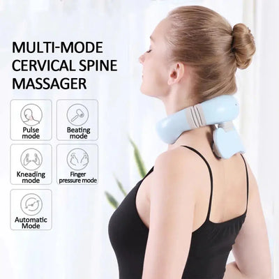 a woman wearing a neck massager in front of a window