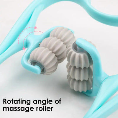 a close up of a blue and white object with text stating rotating angle of massage