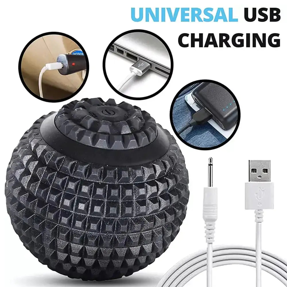 Black textured electric massage ball with universal USB charging cable, indicating ease of charging and portability for muscle recovery.