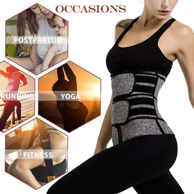 a woman in a black top, grey waist trainer and leggings