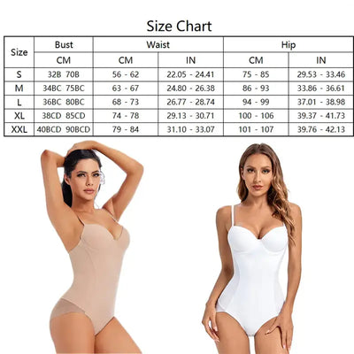 a woman in a bodysuit with a table of  measurements of the sizes
