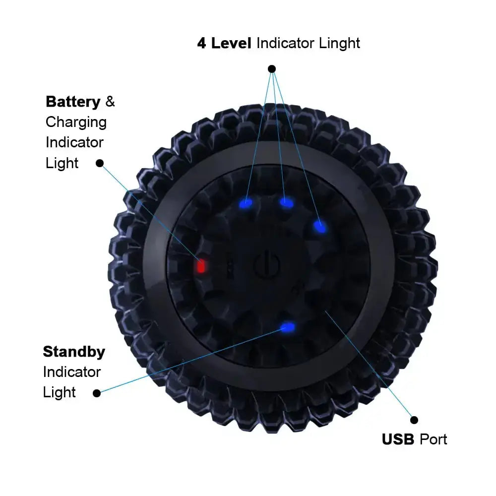 Electric massage ball with four-level indicator lights, battery charging light, standby indicator, and USB port for user-friendly operation and charging.