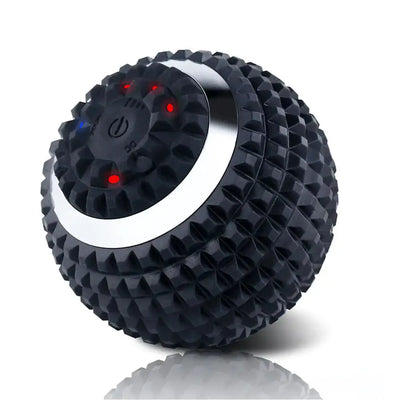 Black textured electric massage ball with LED indicators and on/off switch, designed for deep tissue stimulation and muscle relaxation.