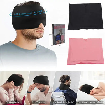 a man wearing a neck pillow and a sleeping mask