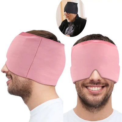 a man wearing a pink blindfold and smiling