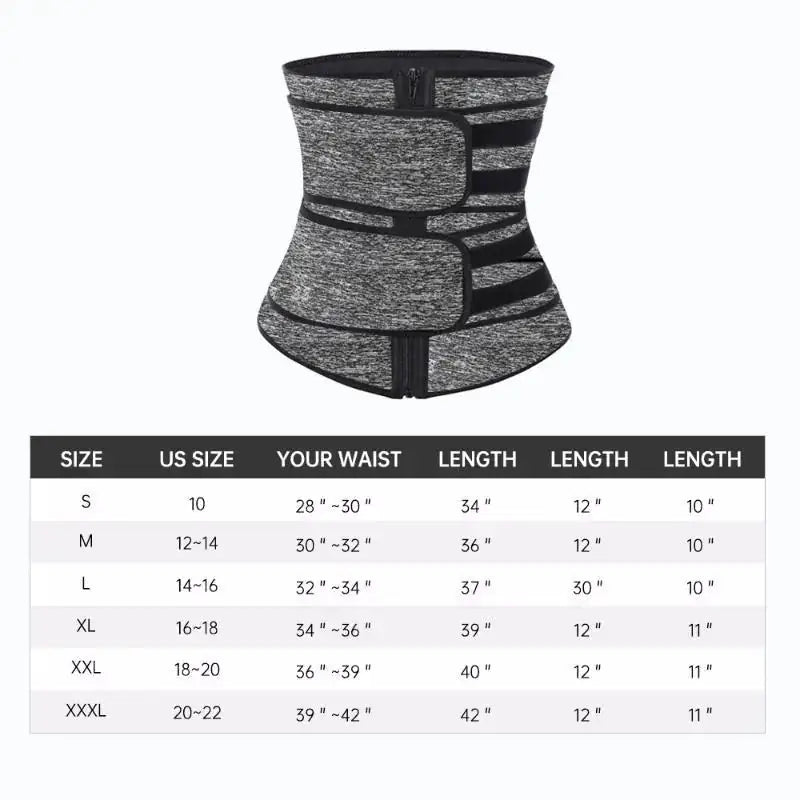 a women's waist trainer belt with measurements for different sizes