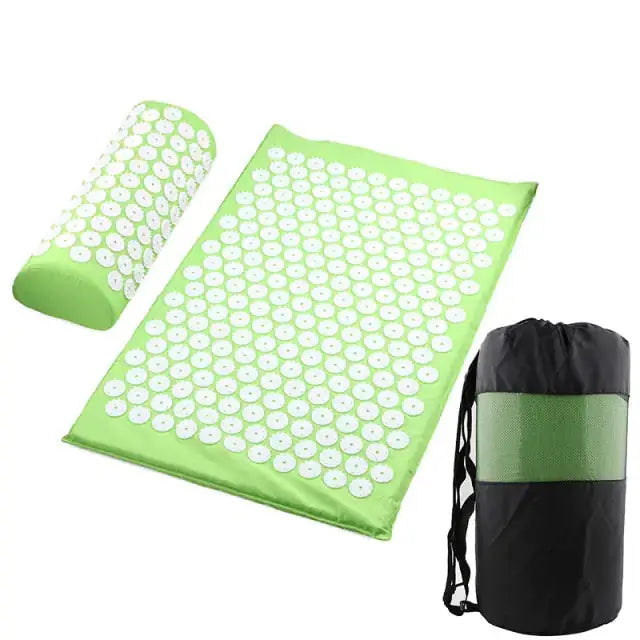 a green and black mat and a black bag