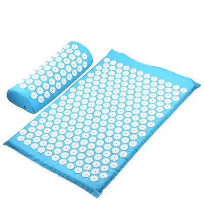 a blue inflatable mat with white circles on it